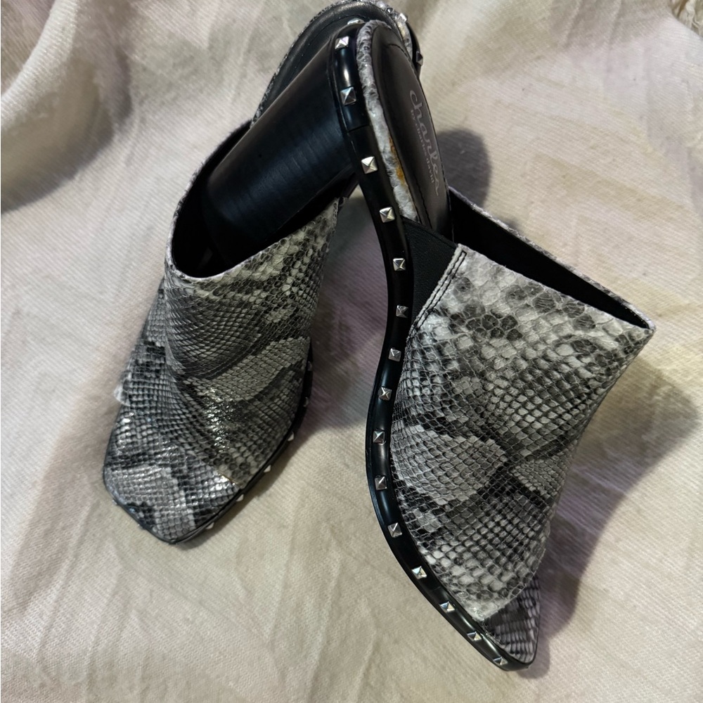 Charles By Charles David Black and Gray Snake Print Mules